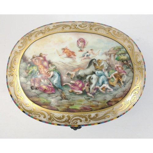 242 - A CAPODIMONTE large oval shaped porcelain box with hinged top and raised pattern with classical scen... 