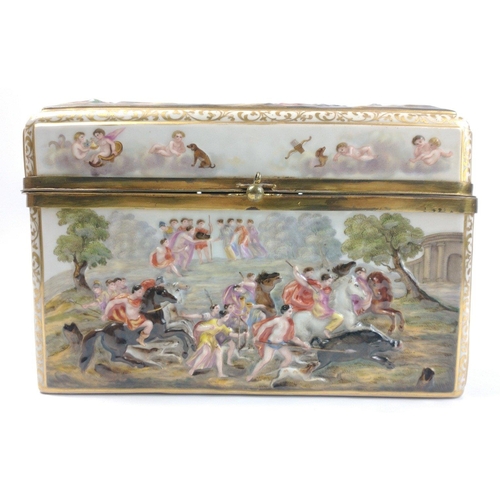 243 - An unmarked but Capodimonte style porcelain box with hinge fastening, decorated with classical scene... 