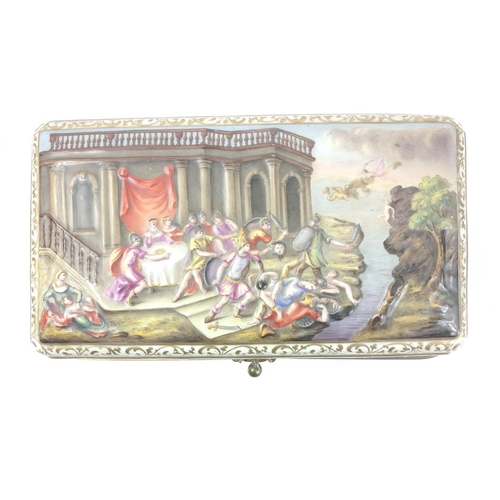 243 - An unmarked but Capodimonte style porcelain box with hinge fastening, decorated with classical scene... 