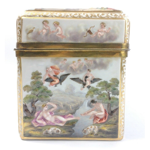 243 - An unmarked but Capodimonte style porcelain box with hinge fastening, decorated with classical scene... 