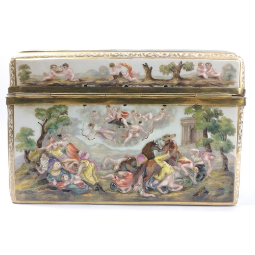 243 - An unmarked but Capodimonte style porcelain box with hinge fastening, decorated with classical scene... 