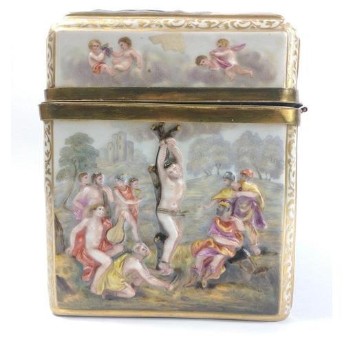 243 - An unmarked but Capodimonte style porcelain box with hinge fastening, decorated with classical scene... 