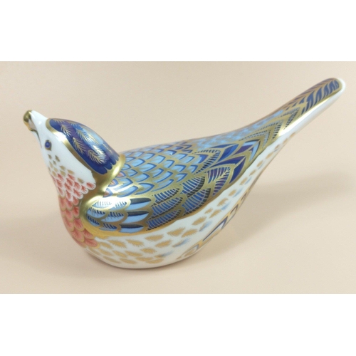 257 - A ROYAL CROWN DERBY blue bird paperweight with gold stopper,  no damage 12cm long approx#257