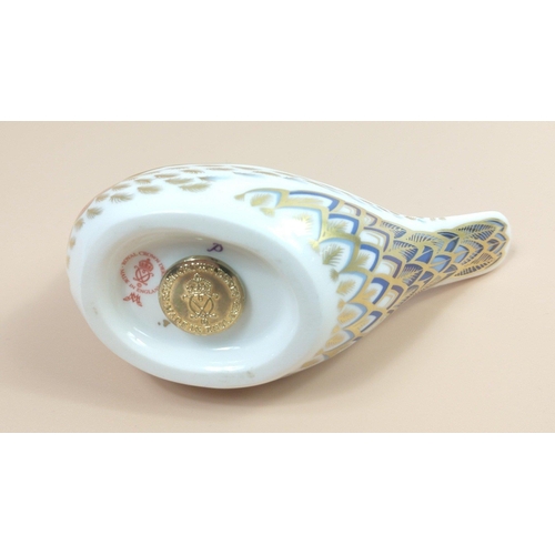 257 - A ROYAL CROWN DERBY blue bird paperweight with gold stopper,  no damage 12cm long approx#257