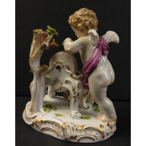 277 - A Meissen-style Cupid sharpening bow, with jar of oil balanced in a tree (damage to foliage) incised... 