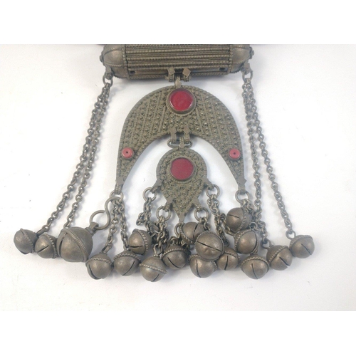 35 - Huge Middle Eastern necklace with red resin beads and white metal sculpted balls and bells.  Bought ... 