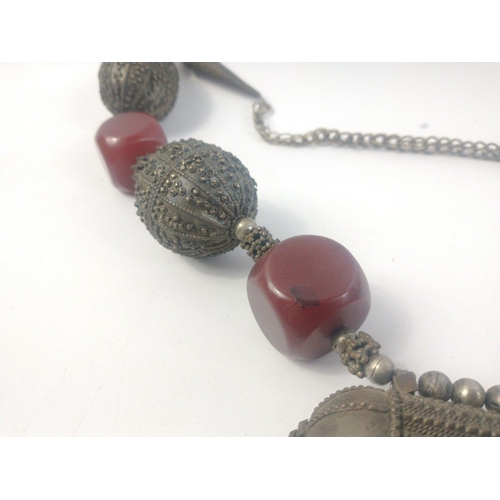 35 - Huge Middle Eastern necklace with red resin beads and white metal sculpted balls and bells.  Bought ... 