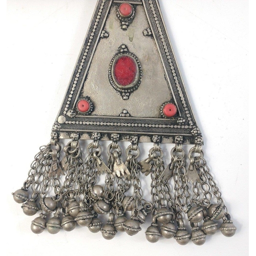 36 - Huge Middle Eastern necklace with red resin beads and white metal sculpted balls and bells.  Bought ... 