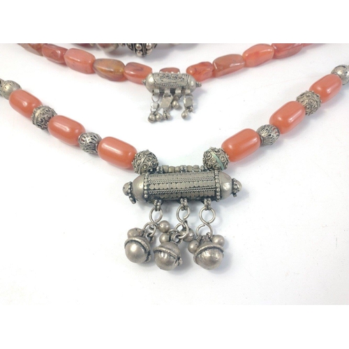 41 - A super collection of substantial traditional coral coloured Middle Eastern beaded jewellery. 4 love... 