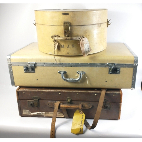 495 - Vintage luggage collection, 2 suitcases and a hatbox, the smaller canvas covered suitcase by A Mearn... 