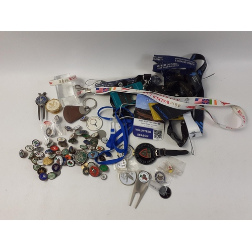 502 - Interesting little collection of golfing ball markers, and event lanyards to include numerous ball m... 