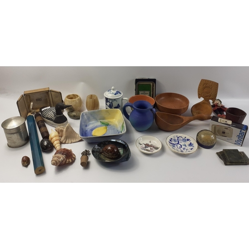 712 - A mixed box of mainly ceramics to include a CHINESE Mug with Blue and White decoration, a pottery mu... 