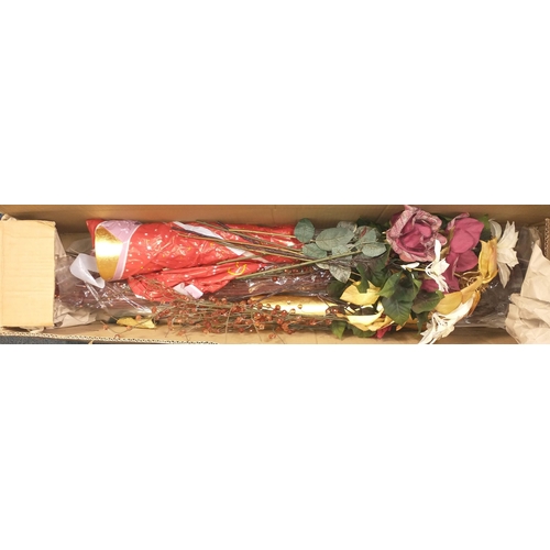 722 - A box with seasonal floral silk flowers and large gold vases#726