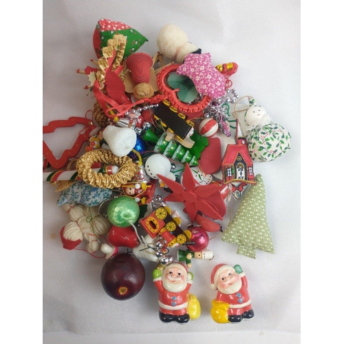 723 - A box of Christmas tree decorations mostly made from natural materials and includes hand-made tapest... 