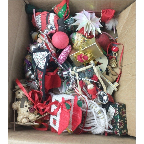 723 - A box of Christmas tree decorations mostly made from natural materials and includes hand-made tapest... 