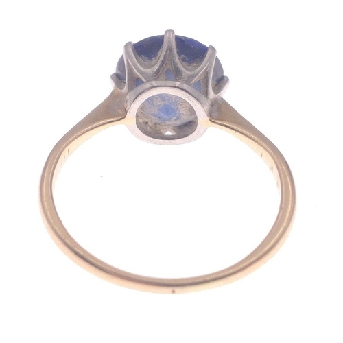 9 - LARGE Sapphire set ring hallmark indistinct yellow metal - sapphire measures 8mm diameter x 4mm dept... 