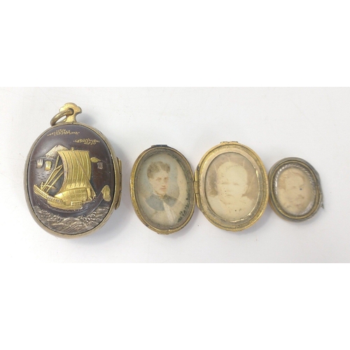 93 - Three lockets to include a mourning locket (3cm approx) with sailing ship on one side and a pastoral... 