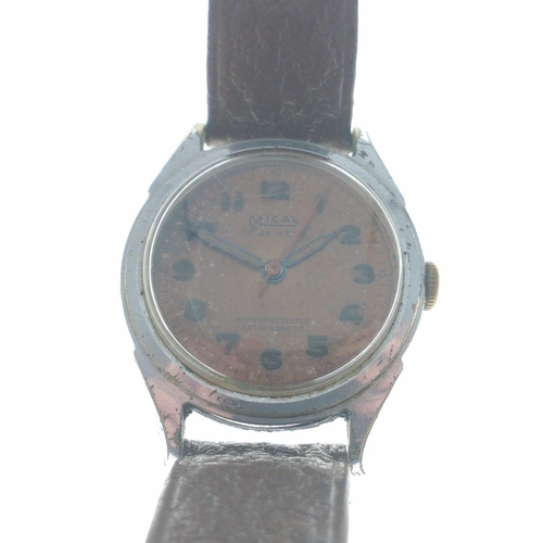 139 - A vintage MICAL 17 jewel watch (face 2cm dia), with some damage to the numerals, leather strap#29... 