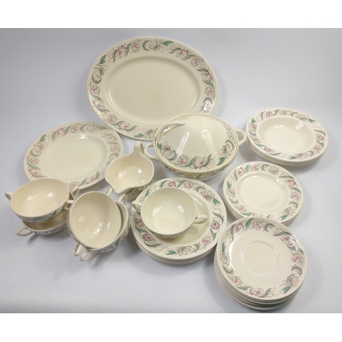 232 - A part SUSIE COOPER dinner service in the vintage ENDON pattern to include 5 twin-handled soup bowls... 