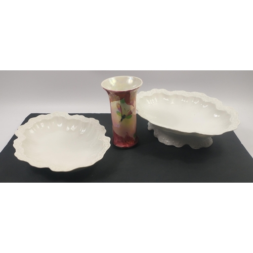 322 - Two white LIMOGES dishes with scallop edges 27cm long, one on a raised stand plus a hand-painted vas... 