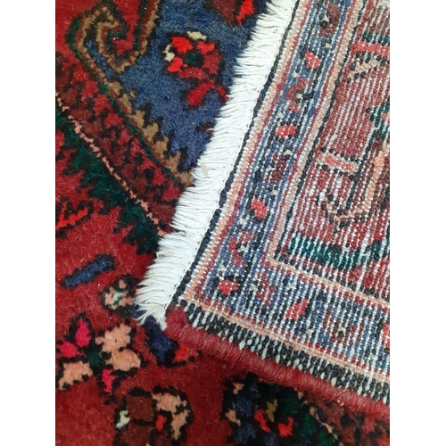 549 - Large Persian rug red base with blue central medallion and floral decoration. A very attractive piec... 