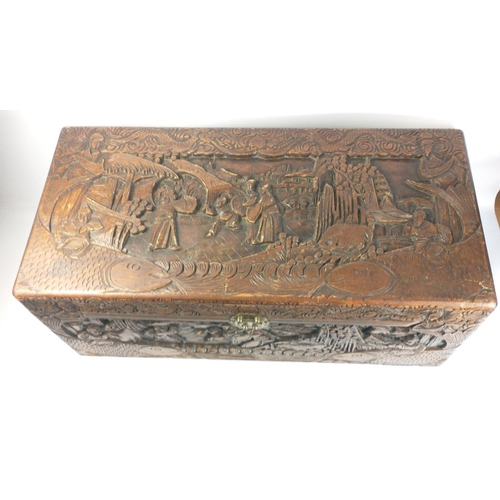 582 - A handy sized carved ORIENTAL wooden chest showing various traditional scenes on all sides , measure... 