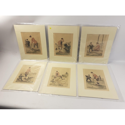 646 - Six humorous golfing prints unframed in mounts and still in protective polythene.  Each measures 35 ... 