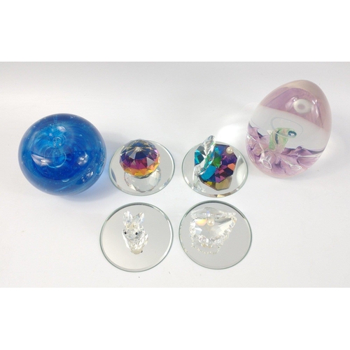 119 - A selection of glass ornaments including two SELKIRK GLASS PAPERWEIGHTS,  a SWAROVSKI rabbit, three ... 