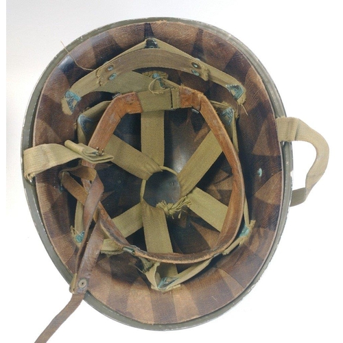 140 - WWII United States US M1 Infantry helmet with MP painted insignia. Liner stamped with 'CAPA6' makers... 