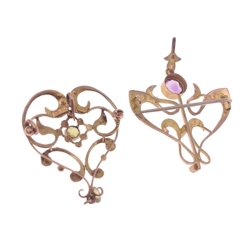 12 - Two 9ct stamped brooches, the first in heart-shape form with an amethyst stone centred and seed pear... 