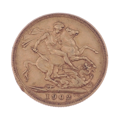 18 - FULL GOLD SOVEREIGN Edward Vll 1902 weight 7.942g approx - condition coin has a dent and a further c... 