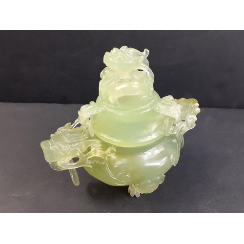 191 - A gorgeous small Japanese GREEN JADE tripod censer and cover in stunning condition.  Stands 11cm tal... 