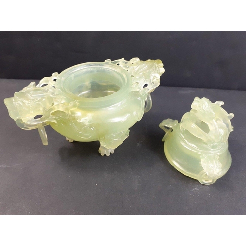 191 - A gorgeous small Japanese GREEN JADE tripod censer and cover in stunning condition.  Stands 11cm tal... 