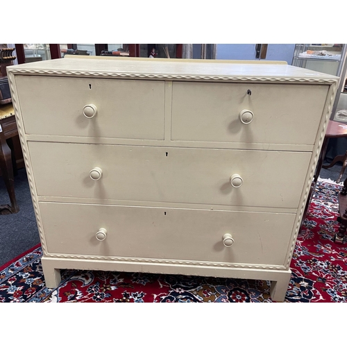 345 - A pale yellow two over two chest of drawers with key, measures 92x49x83cm. Nice upcycling project#36... 