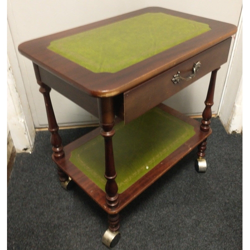 346 - A wheeled side table with 2 shelves, with tooled green leather surfaces 54x35x55cm#363