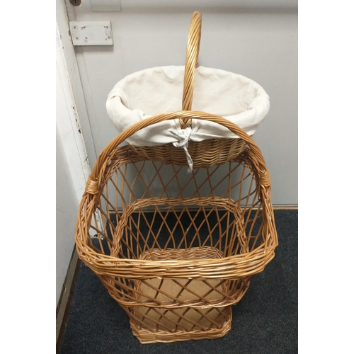 358 - Two wicker baskets, one large enough for firewood, 45x45x50cm (plus handle), the other lined 40x17cm... 