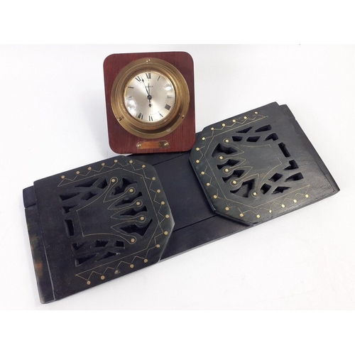 365 - A black ebony book slide 32cm long and a SWIZA nautical clock (needs attention) 10x12cm approx#382... 