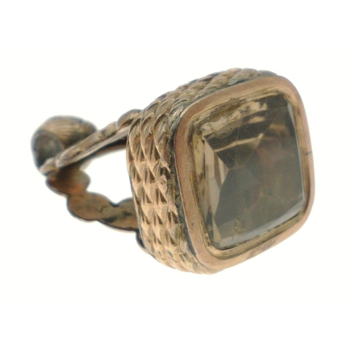 40 - A circa Edwardian unmarked rose/yellow metal pocket watch fob charm with a large rectangular quartz ... 