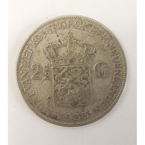 56 - 1933 NETHERLANDS 2½ Guilder Queen Wilhelmina Silver (.720) coin.  Nice coin, uncleaned, wear as expe... 