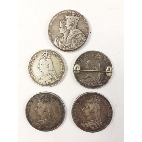 57 - SILVER TREASURE LOT to include four VICTORIA CROWNS, one set as a brooch and a 1937 Coronation medal... 