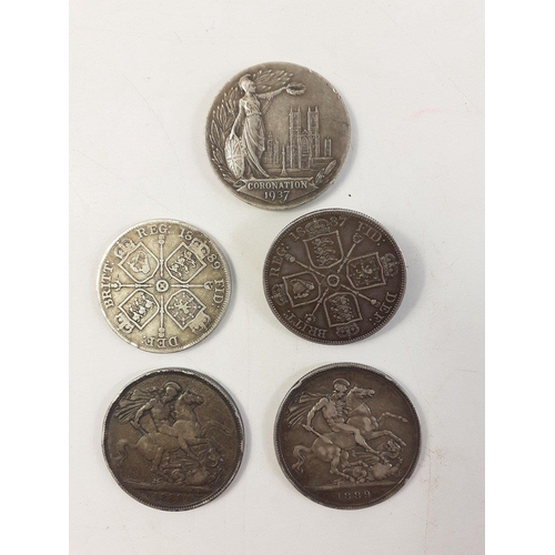 57 - SILVER TREASURE LOT to include four VICTORIA CROWNS, one set as a brooch and a 1937 Coronation medal... 