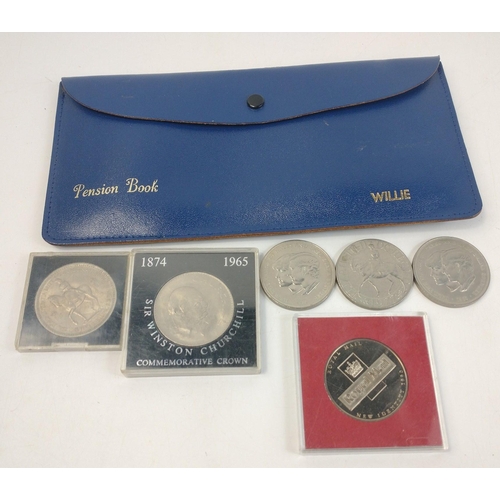 58 - A small collection of six UK commemorative coins with a Pension Book marked ''Willie''#59