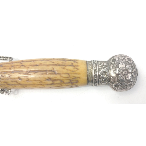 77 - Antique Chatelaine horn handled needle case with silver collar.  Marks on cloor for London maker JH ... 