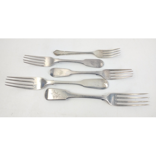 68 - A collection of five assorted forks to include a 1789 London silver fork, an 1852 Edinburgh silver f... 