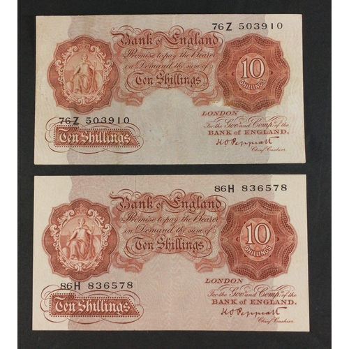 1 - Two UK Peppiatt 10/- ten shilling brown Banknotes in good collectible condition.#1