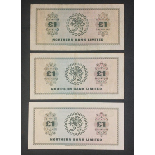 101 - Three NORTHERN BANK LIMITED one pound notes from 1971 and 1978.  Some slight wear on edges#101