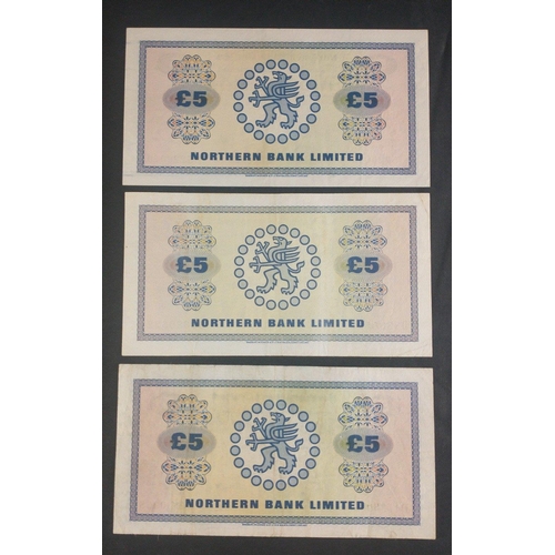 103 - Two NORTHERN BANK LIMITED five pound notes from 1976 plus one from 1986. Slight wear on edges#103... 