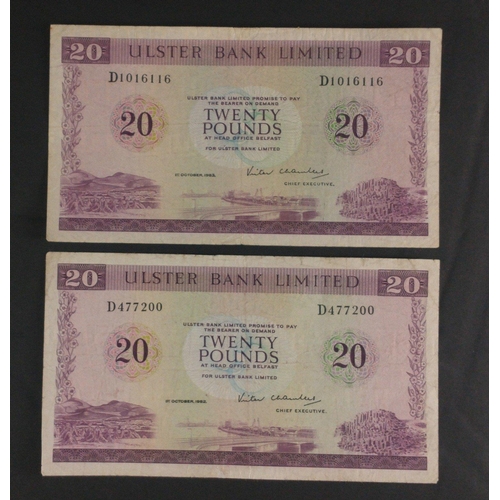 124 - Two ULSTER BANK LIMITED twenty pound notes from 1982 and 1983.  Some marks around edges#124