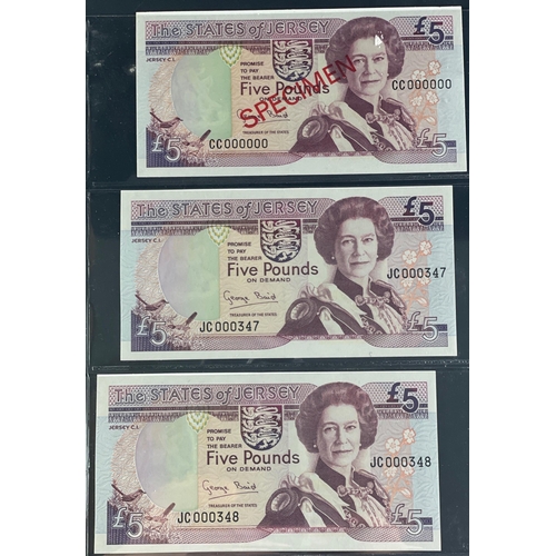 135 - The STATES of JERSEY Banknotes. SPECIMEN £5 note 'CC' Prefix, and a sequential pair.  All Excellent ... 