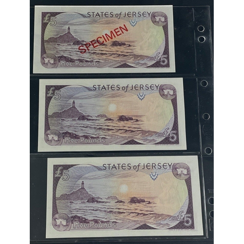 135 - The STATES of JERSEY Banknotes. SPECIMEN £5 note 'CC' Prefix, and a sequential pair.  All Excellent ... 